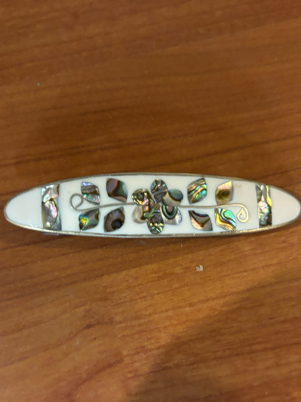 Mother-of-Pearl Inlay Oval Hair Barrette - White with Iridescent Accents Silver.